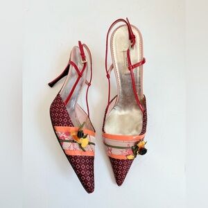 Prada Retro Red Patent Leather tapestry pattern floral embellish slingback pumps